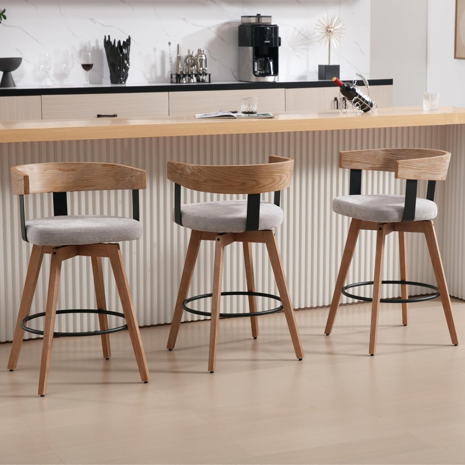 DUOMAY Swivel Bar Stools Set of 4, 26" Counter Height Bar Stool with Footrest Modern Wood Barstools with Linen Upholstered Seat Counter Stools for Kitchen Island Home Bar,Grey