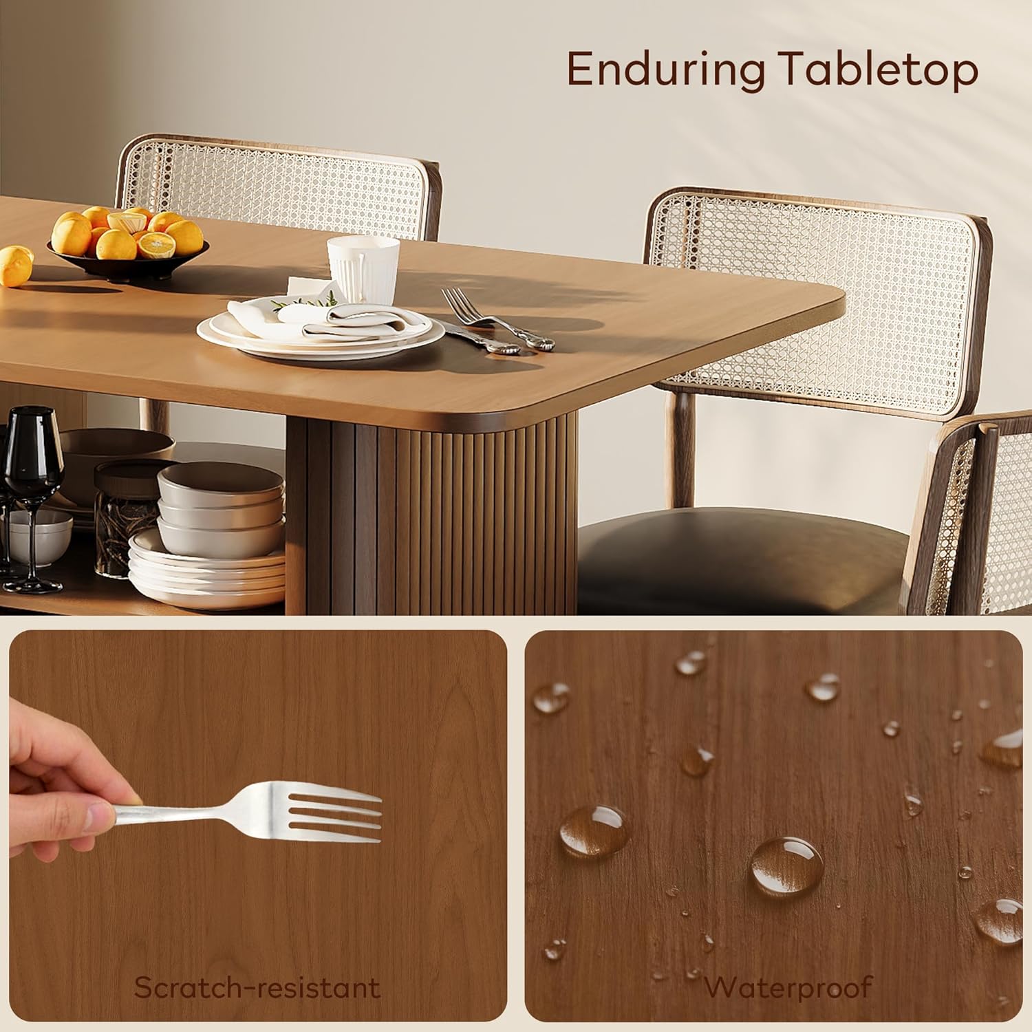 FUQARHY Dining Table for 4, Small Rectangular Kitchen Table for 2 with 3-Tier Storage Shelf, Farmhouse Modern Fluted Wood Table (Walnut)