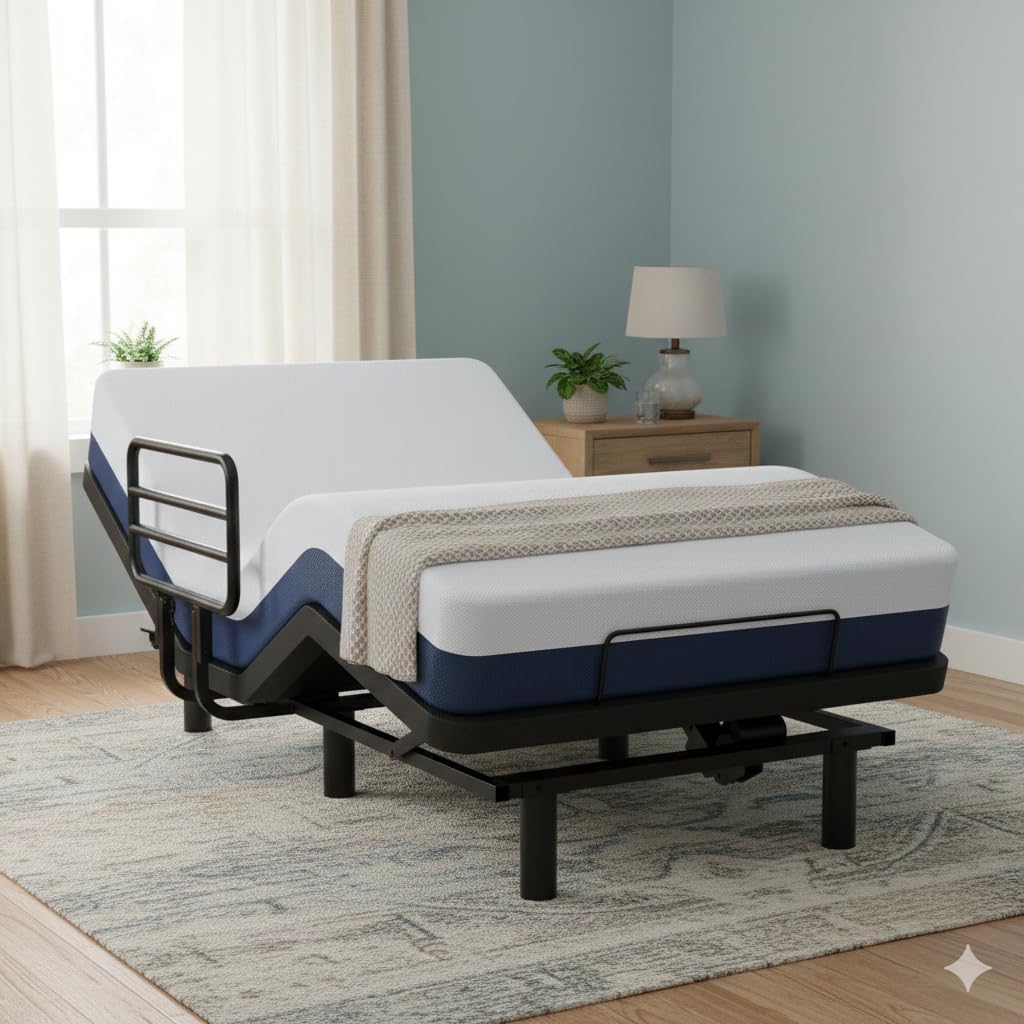Adjustable Full Bed Frame with One Side Rail, Electric Ergonomic Base for Comfort & Safety – Ideal for Seniors, Home Care & Hospital Use