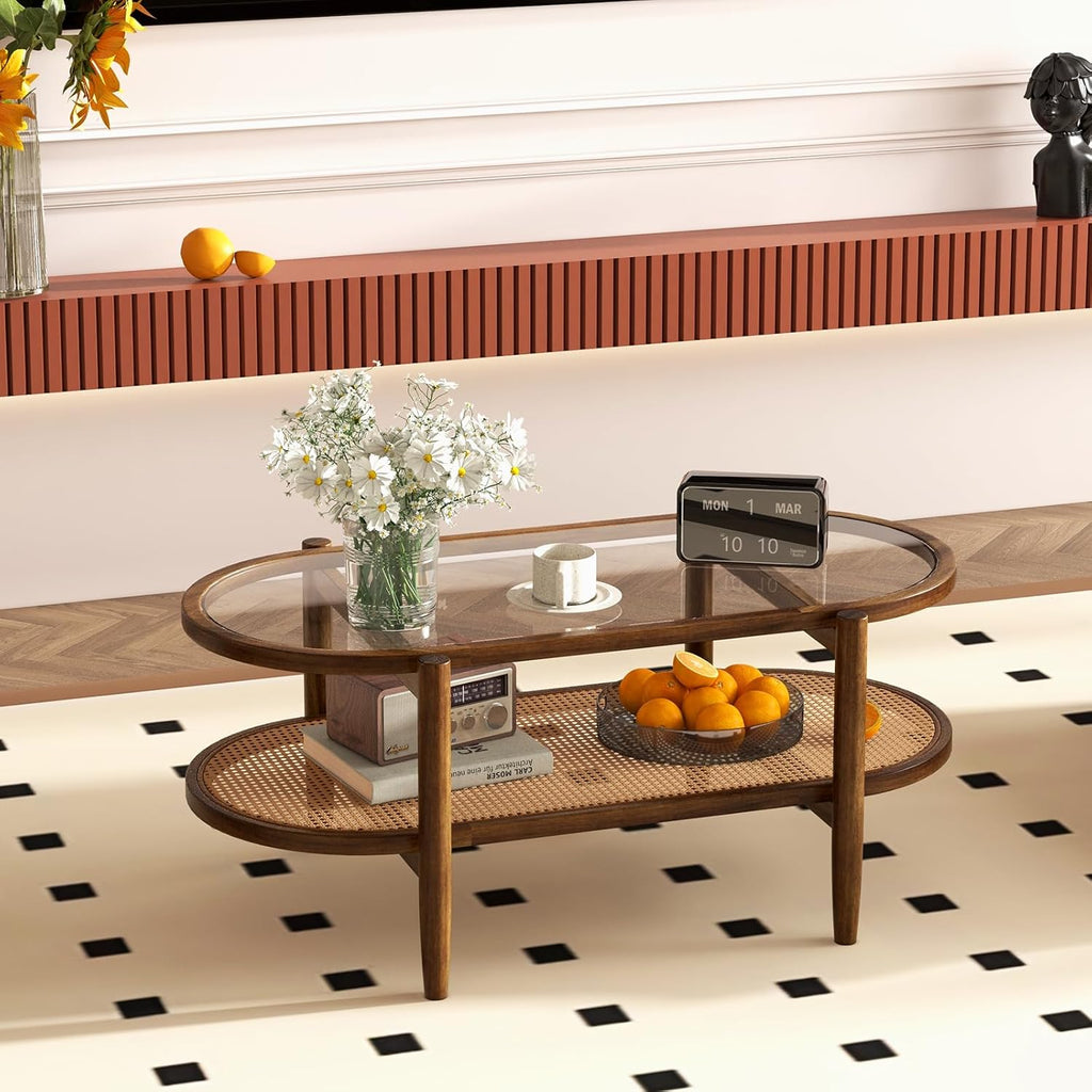 Giantex Rattan Coffee Table, 2-Tier Oval Acacia Wood Tea Table w/Tempered Glass Tabletop & PE Rattan Storage Shelf, Boho Cocktail Tables, Mid Century Modern Center Table for Living Room Office, Brown