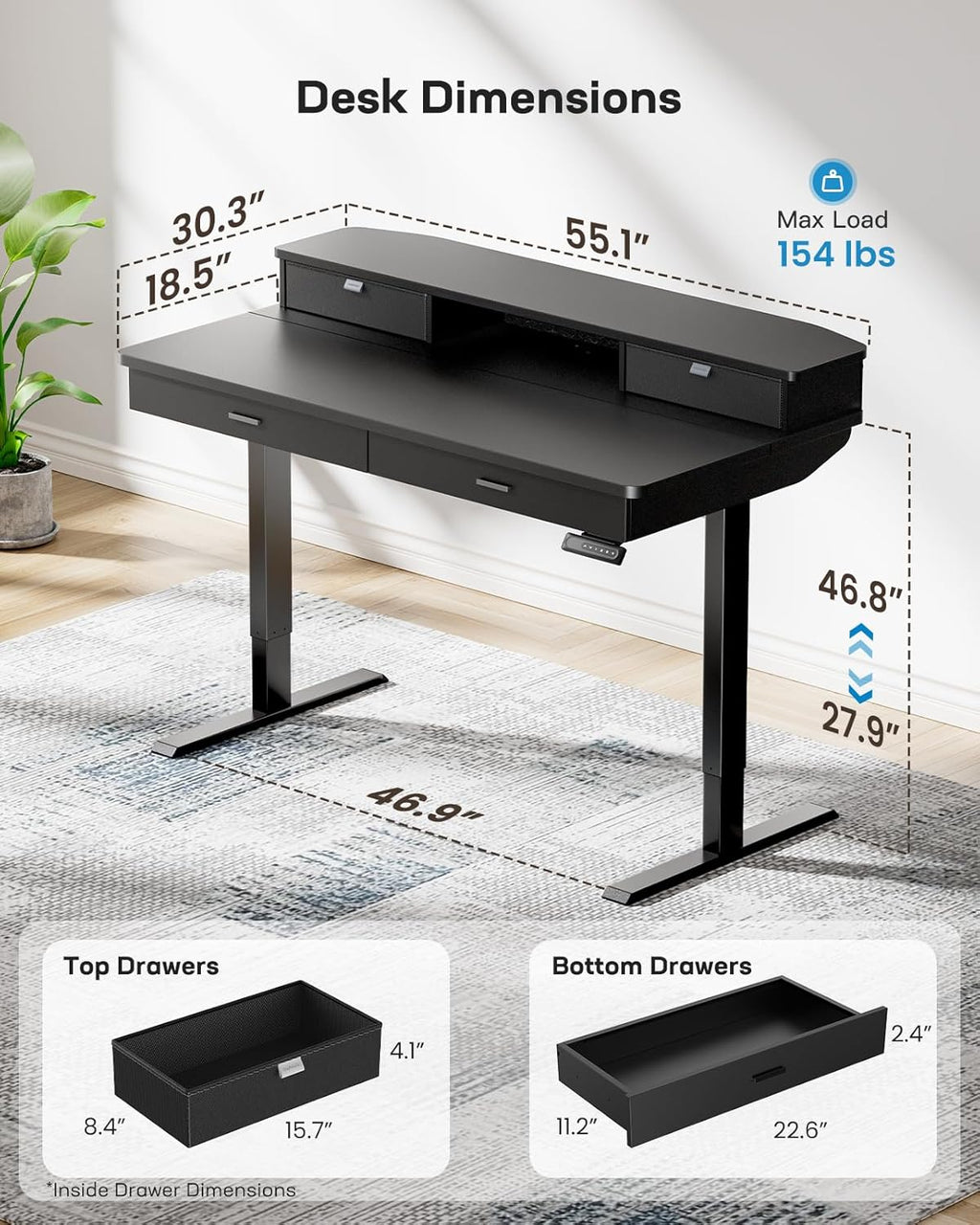 HUANUO 55 x 30 inch Electric Standing Desk with Wood Drawers,Stand up Home Office Desk Adjustable Height with Two Tiers, Ergonomic Stand up Desk with Monitor Stand, Black