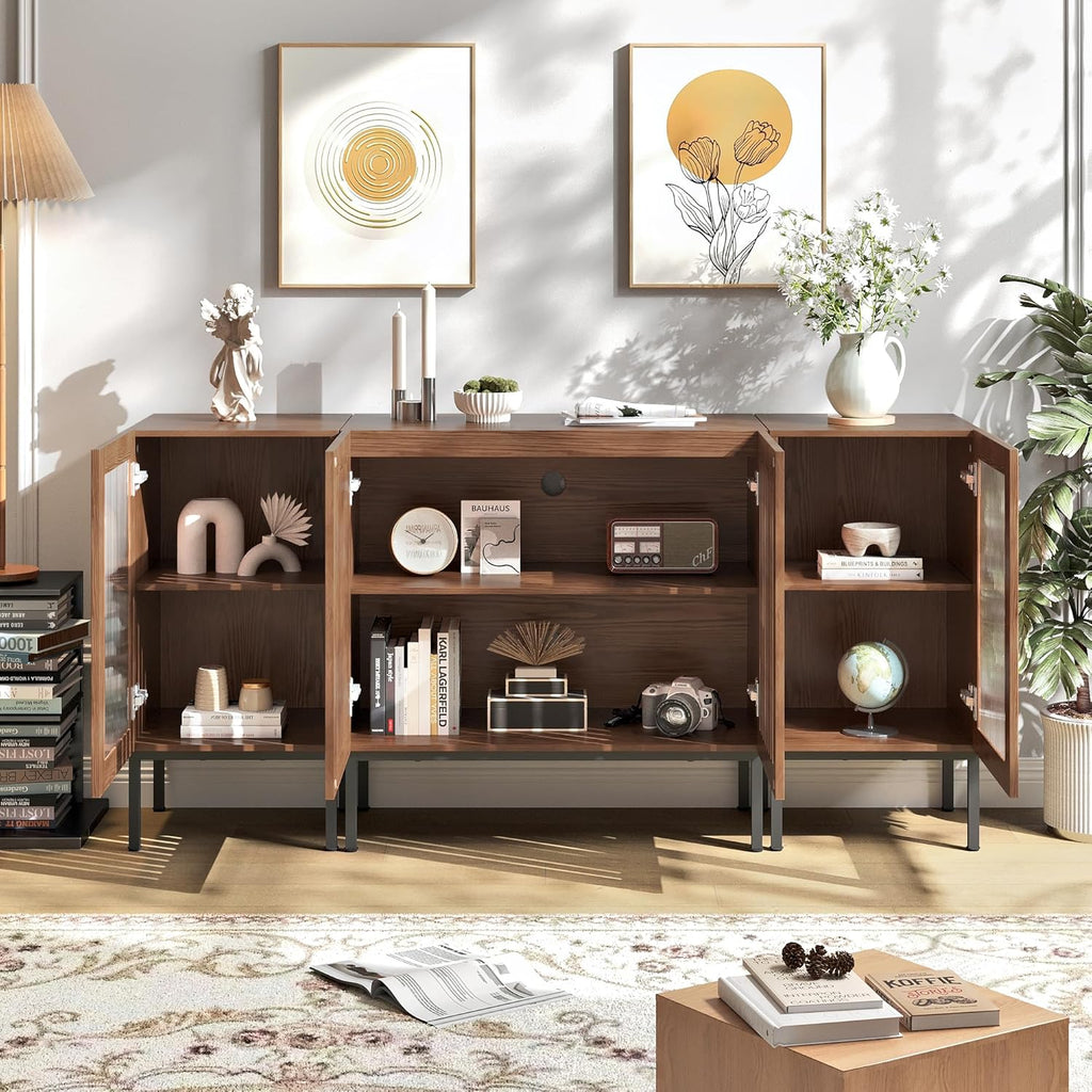 Modern TV Stand for TVs up to 70 Inch, Entertainment Center TV Console with Storage Cabinets and Glass Doors, Media Console for Living Room, Brown