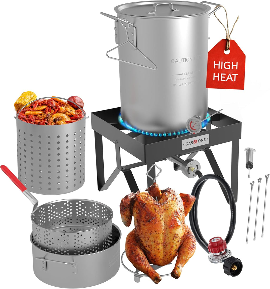 GasOne Large Turkey Fryer Set with Propane Burner – 30QT & 10QT Pots, Complete Set Outdoor Cooker for Turkey, Chicken, Crawfish, Crab, Shrimp
