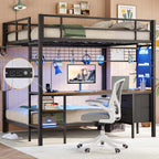 DICTAC Full Over Twin Bunk Bed with Desk and Charging Station Metal Full Over Twin Size Bunk Bed with Led Lights,Storage Shelves and Drawers,Bunk Beds for Teen/Adult with Safety Guard & Stairs,Black
