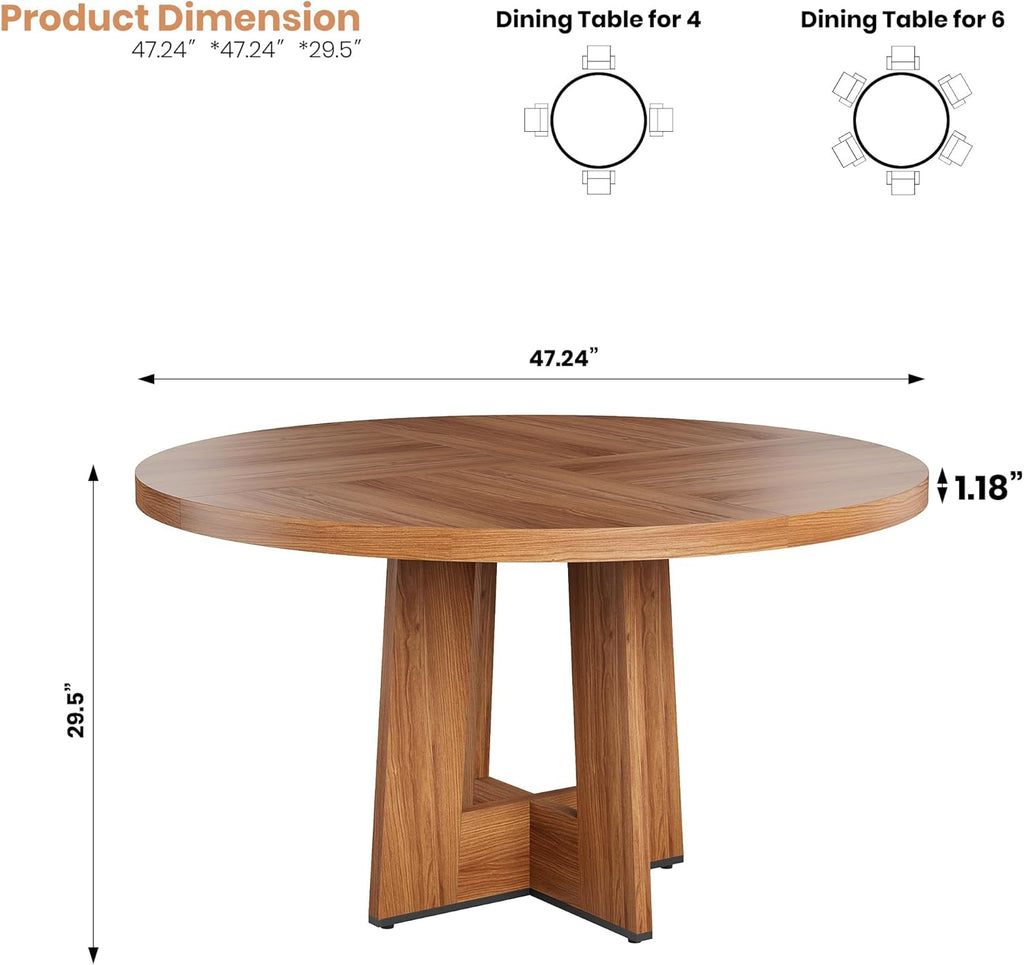 Garvee 47" Round Dining Table for 4-6 People - Circle Kitchen Dinner Table with Sturdy Pedestal Base, Space Saving Dinning Room Furniture for Living Room, Kitchen, Apartment, Light Walnut
