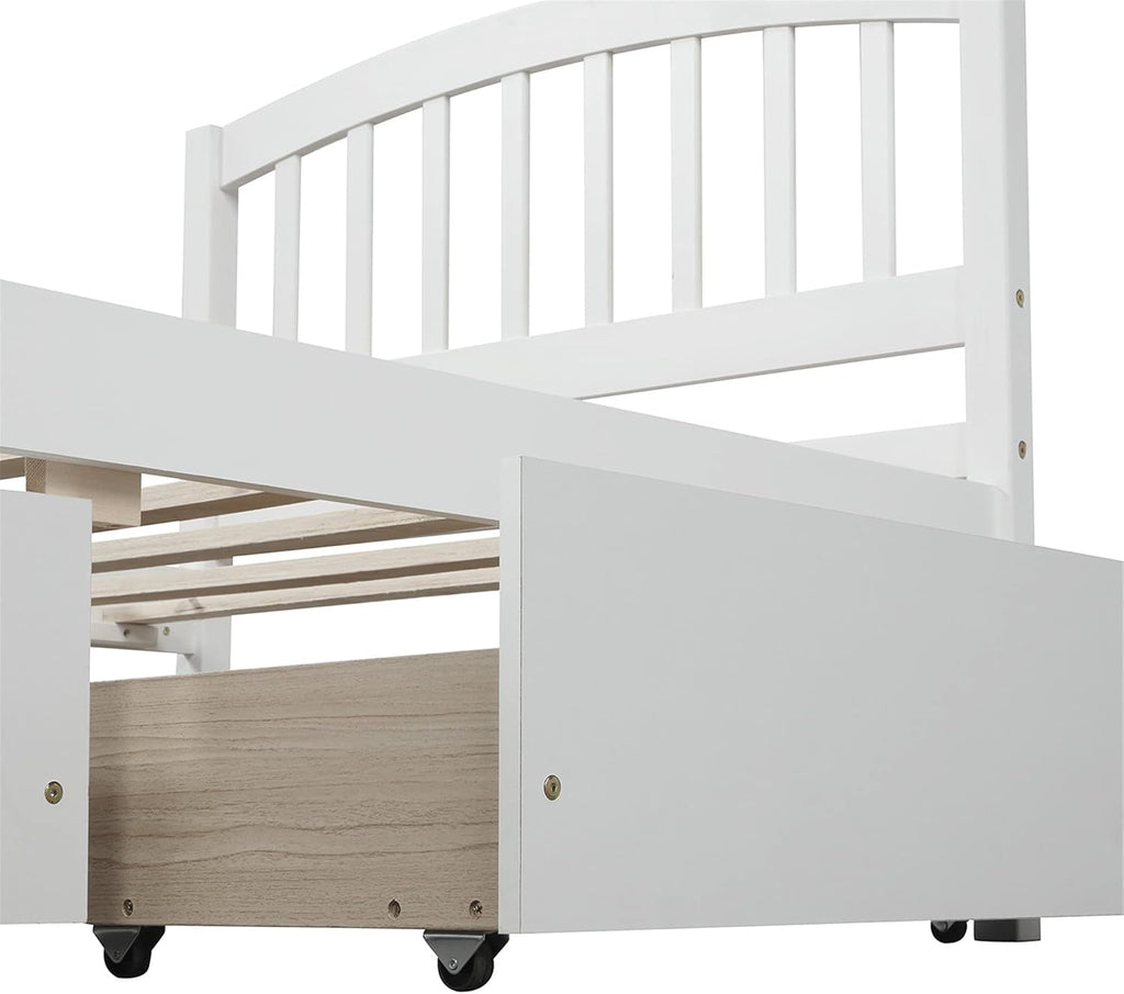 Solid Wood Platform Bed Twin Size with 2 Storage Drawers for Kids,Twin Size Low Platform Bed Frame with Curved Headboard,Footboard and Under Bed Space for Boys Girls Bedroom,Easy Assembly,White