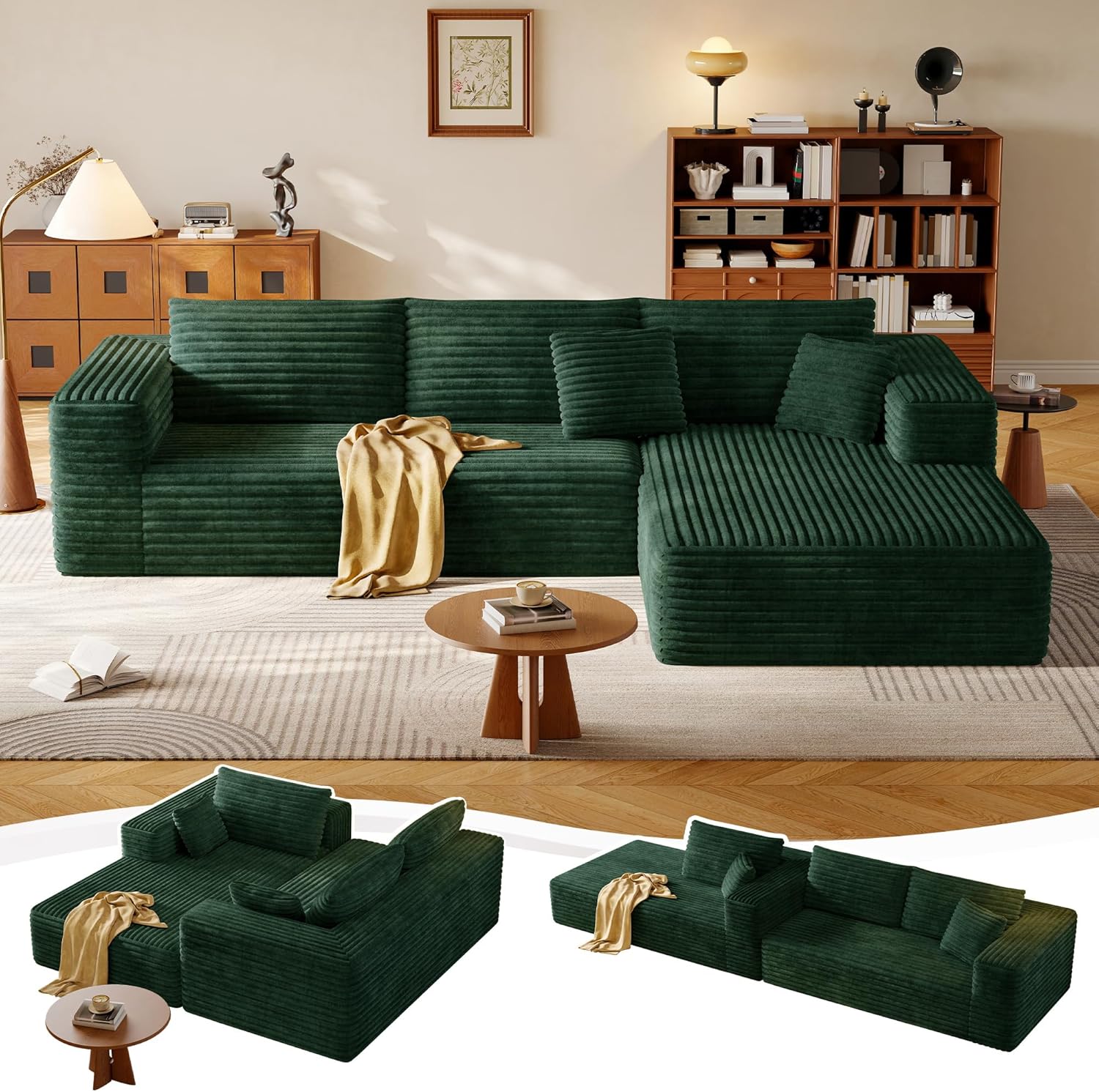 108.2" Modular Sectional Sofa with Deep Seat, Boneless L Shaped Corduroy Couch Modern Comfort, Cloud Couch Oversized for Living Room No Assembly (Right Facing Chaise,Green)
