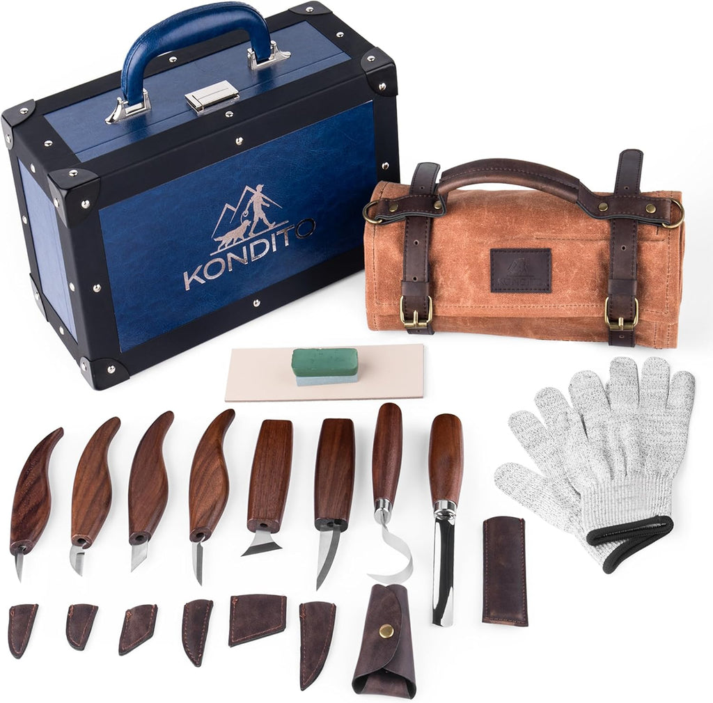 KONDITO Complete Wood Carving Kit – Premium Carving Knives Set with 7Cr17 Steel Blades, Safety Gloves, Honing Strop, Roll Bag & Gift Storage Case – Woodworking Tool Set for Adults & Beginners