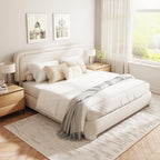 Queen Size Boucle Bed Frame, Upholstered Platform Bed with Height Adjustable Headboard & Soft Rounded Corners, Noise Free, Easy Assembly, No Box Spring Needed, Beige