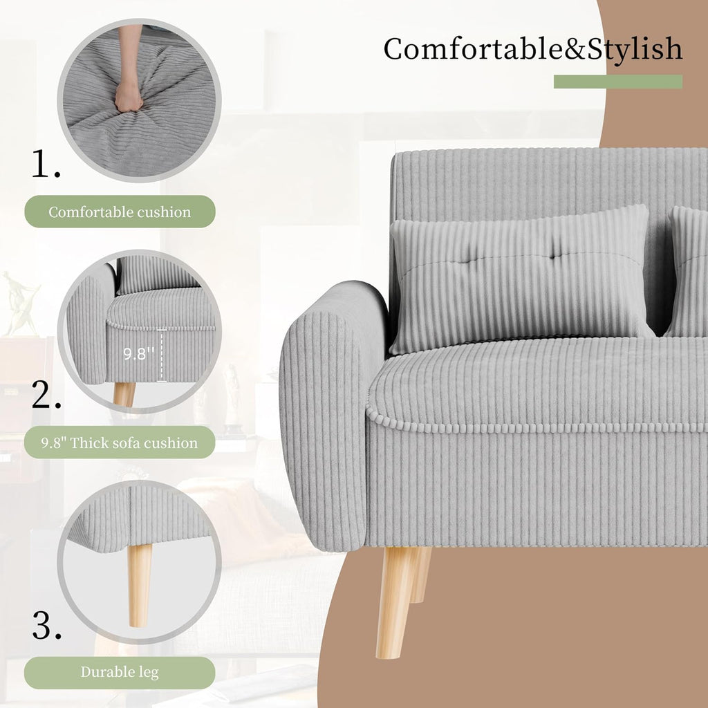 Vongrasig 48" Small Modern Loveseat Sofa, Mid Century Soft Corduroy Fabric 2-Seat Sofa Couch Tufted Love Seat with Back Cushions and Tapered Legs for Living Room, Bedroom and Small Space (Light Gray)