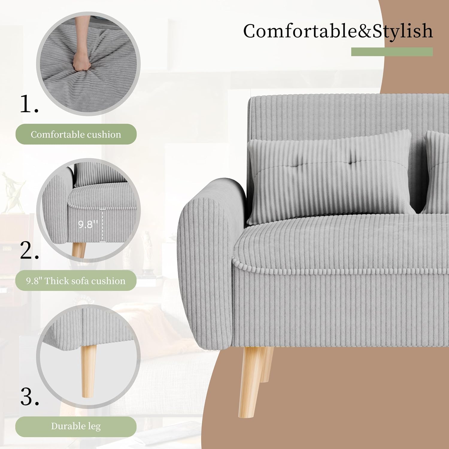 Vongrasig 48" Small Modern Loveseat Sofa, Mid Century Soft Corduroy Fabric 2-Seat Sofa Couch Tufted Love Seat with Back Cushions and Tapered Legs for Living Room, Bedroom and Small Space (Light Gray)