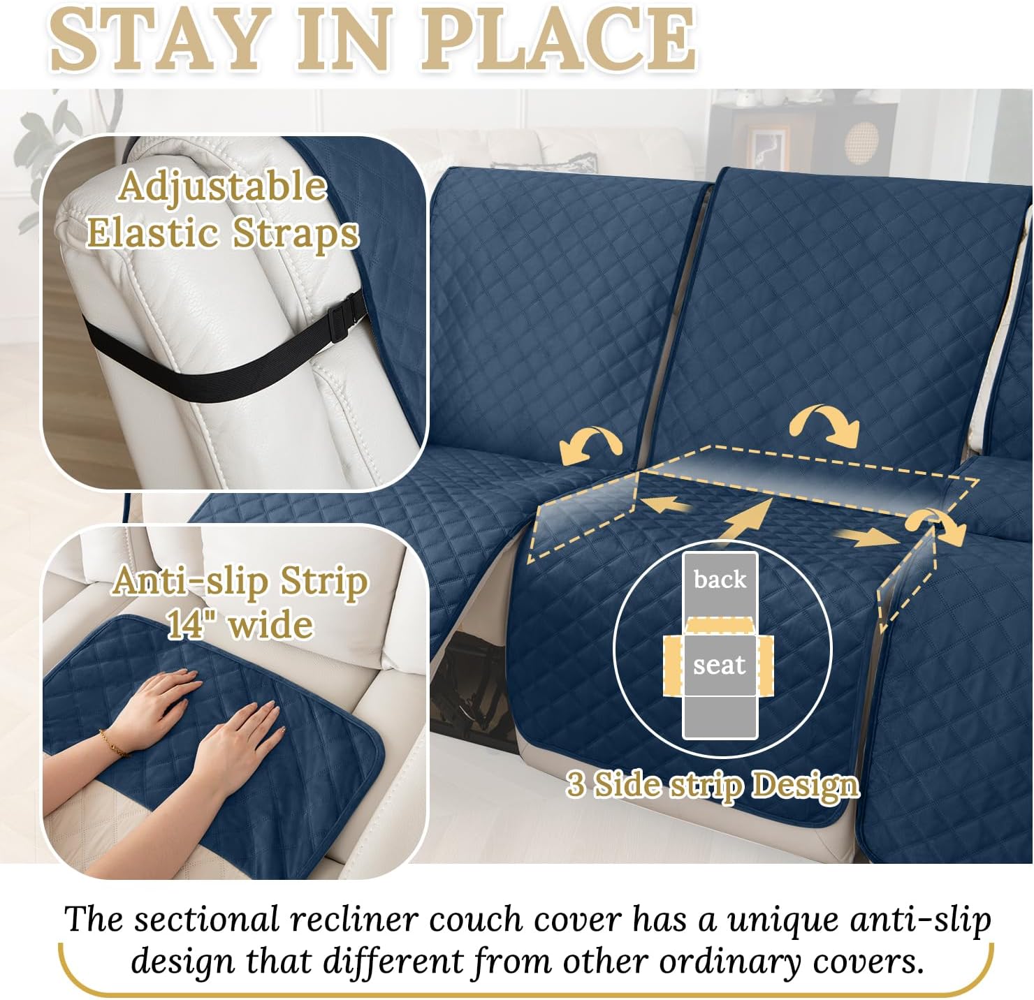 HDCAXKJ 100% Waterproof Velvet Recliner Sectional Couch Covers L Shaped Corner Reclining Sofa Cover Washable Thick Non Slip Sectional Slipcover with Pockets (5 Seat and 1 Middle Console, Dark Blue)