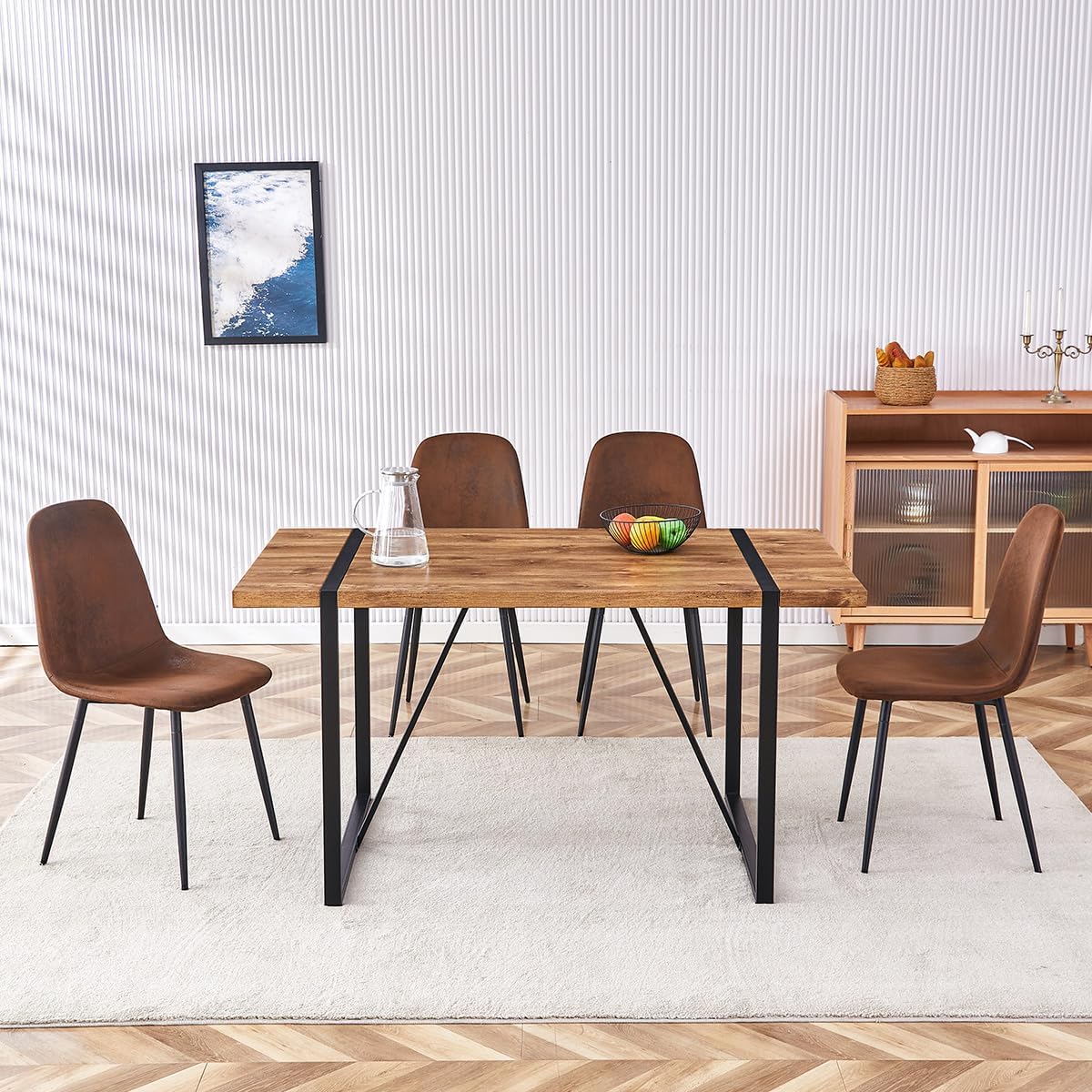Dining Table Set for 4 .Dinner Table Set for 4 .55'' Kitchen Table and Suede Nap Fabic Chairs Set of 4, 5 Piece Dining Table Set for Kitchen Dining Room