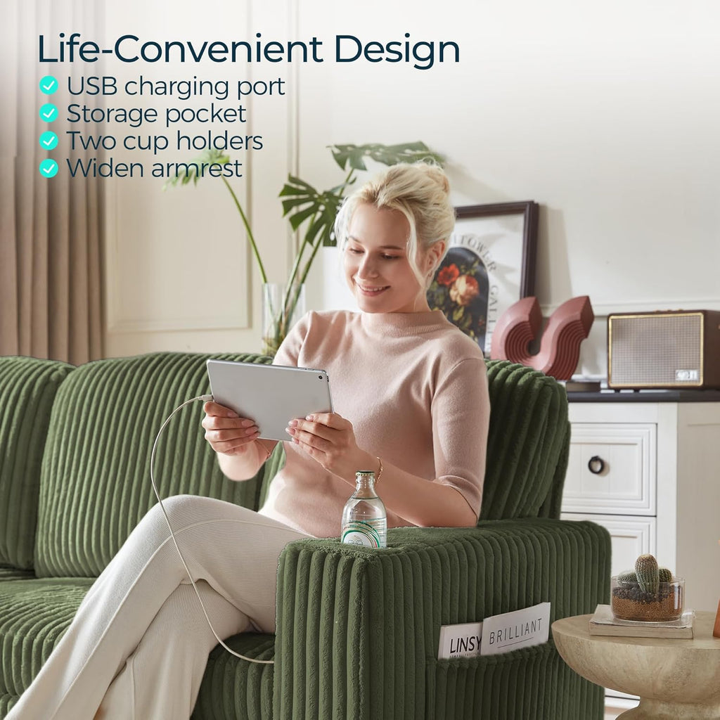 LINSY HOME Pull Out Sleeper Sofa Sectional Couches for Living Room, L Shaped Plush Corduroy Couch with Storage&USB Charging, Convertible Cloud Sectional Sofa Bed for Apartment, Green