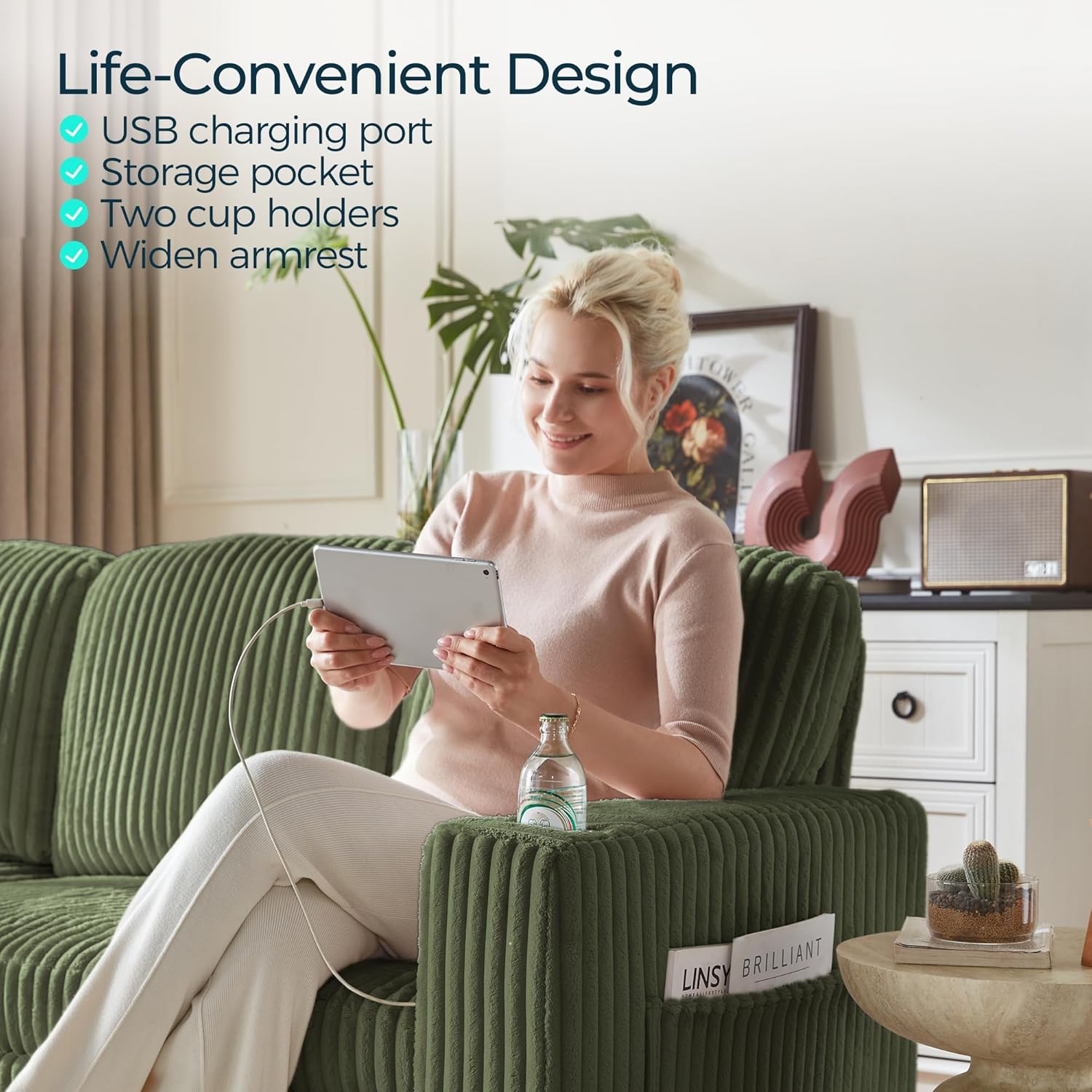 LINSY HOME Pull Out Sleeper Sofa Sectional Couches for Living Room, L Shaped Plush Corduroy Couch with Storage&USB Charging, Convertible Cloud Sectional Sofa Bed for Apartment, Green