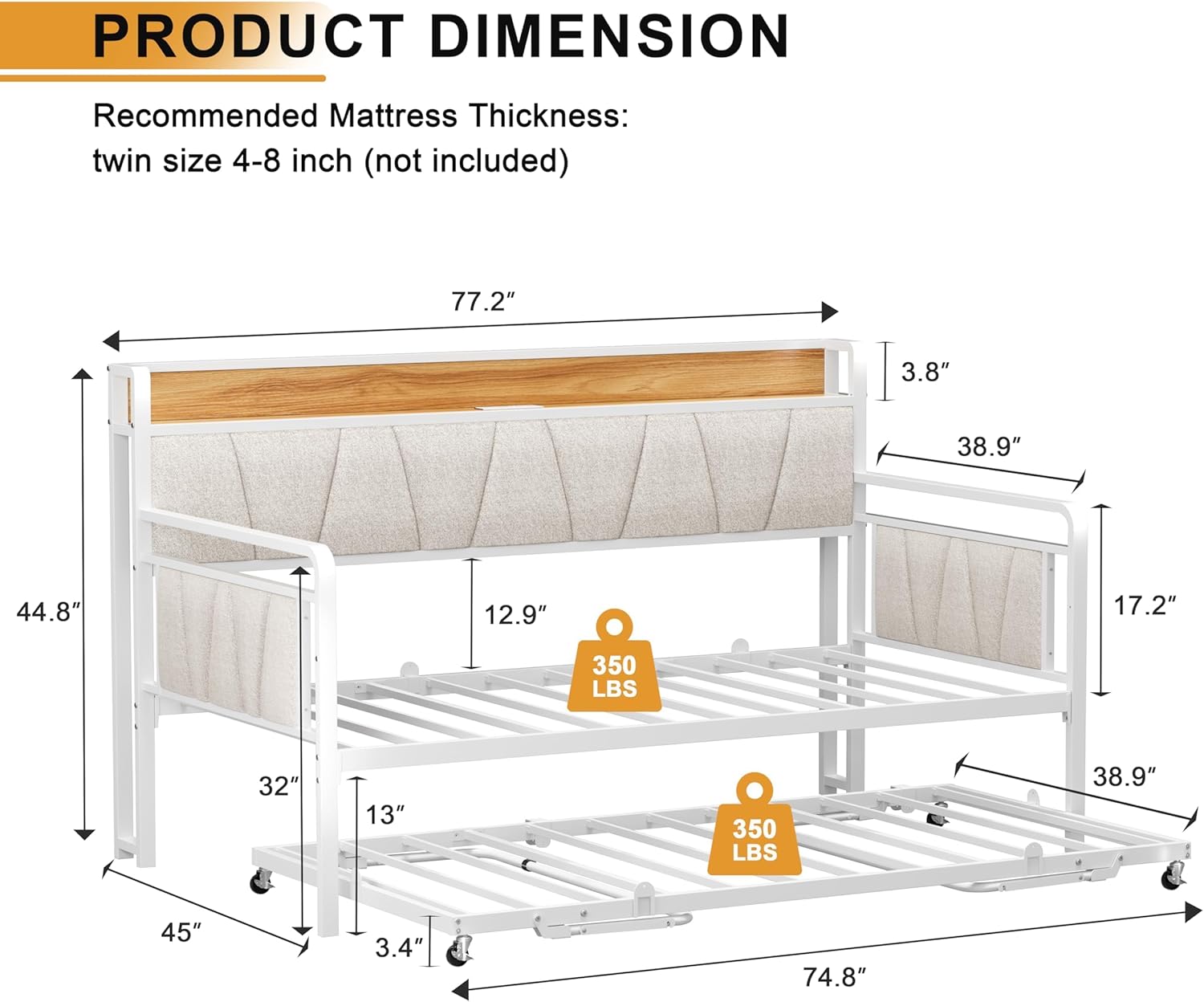 Twin Daybed with Trundle, Modern Twin Size Sofa Day Bed, Sturdy Metal Bed Frame with Upholstered Headboard for Living Room, Bedroom, Studio Apartment (White)
