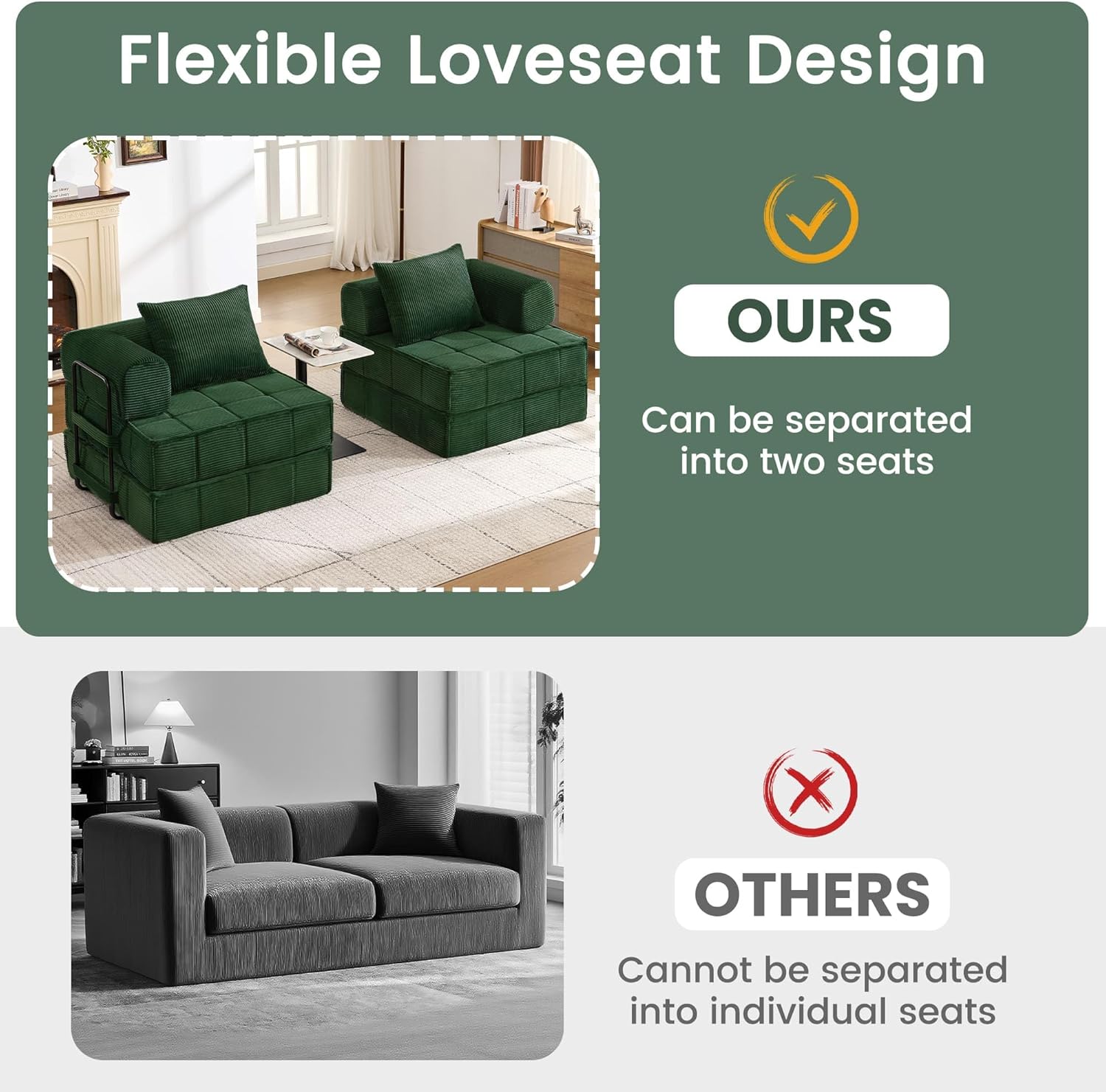 6-in-1 Convertible Sleeper Sofa Bed, Corduroy Folding Mattress Couch with Fixed-Shape Frame, Modular Foldable Boneless Couch, Loveseat Couches with 2 Pillows, for Living Room, Bedroom, Green