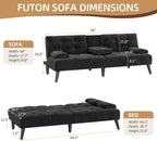 Shintenchi Futon Sofa Bed, Velvet Foldable Couch, Reclining Sleeper with Removable Armrests, Upholstered Loveseat Sofa Couch with Folding Cup Holders for Home, Office(Black)
