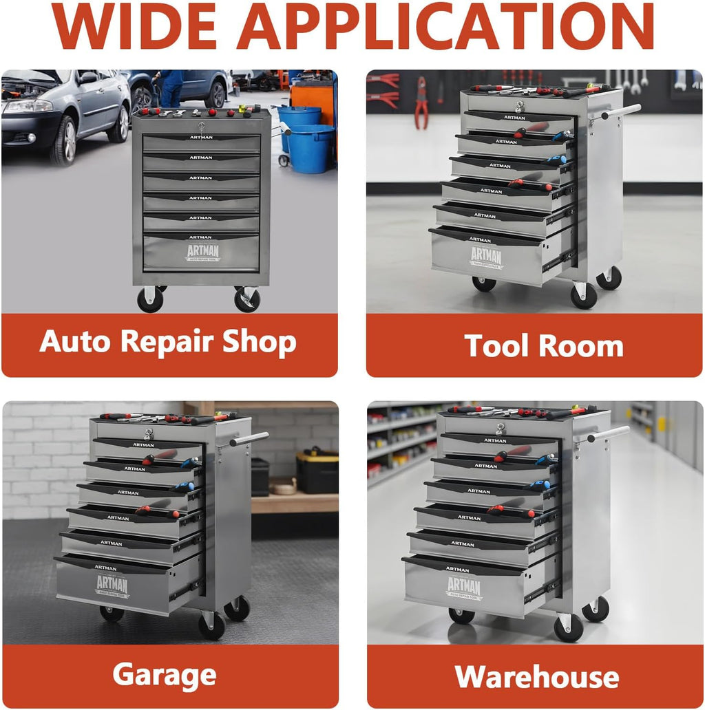 Iron-Top Rolling Tool Chest with Lockable Wheels and Side Handles, 7-Drawer Tool Storage Cabinet with Ball Bearing for Garage, Repair Shop, Required Assembly, Large Storage Capacity (Iron, 6-Gray)