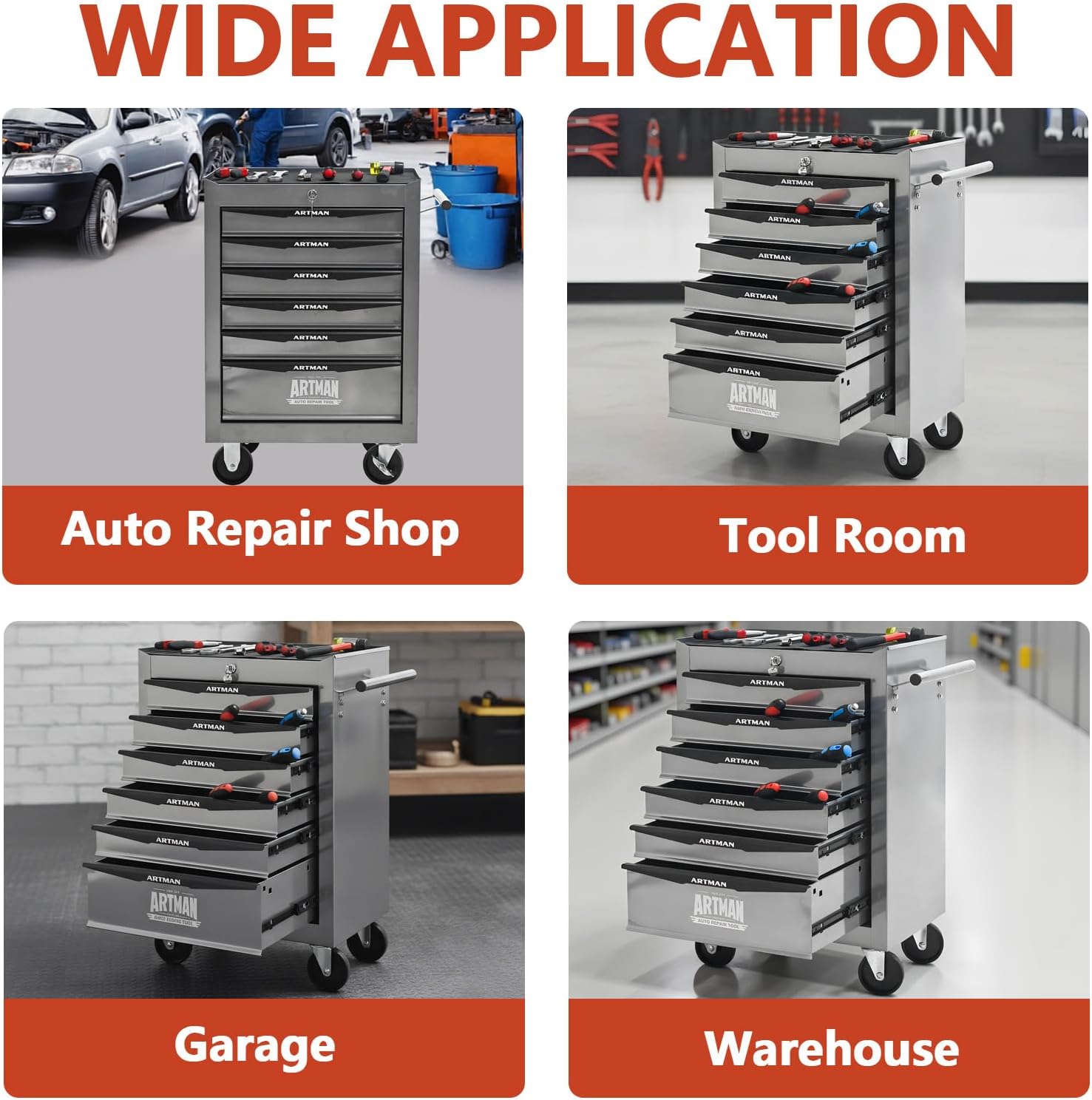 Iron-Top Rolling Tool Chest with Lockable Wheels and Side Handles, 7-Drawer Tool Storage Cabinet with Ball Bearing for Garage, Repair Shop, Required Assembly, Large Storage Capacity (Iron, 6-Gray)