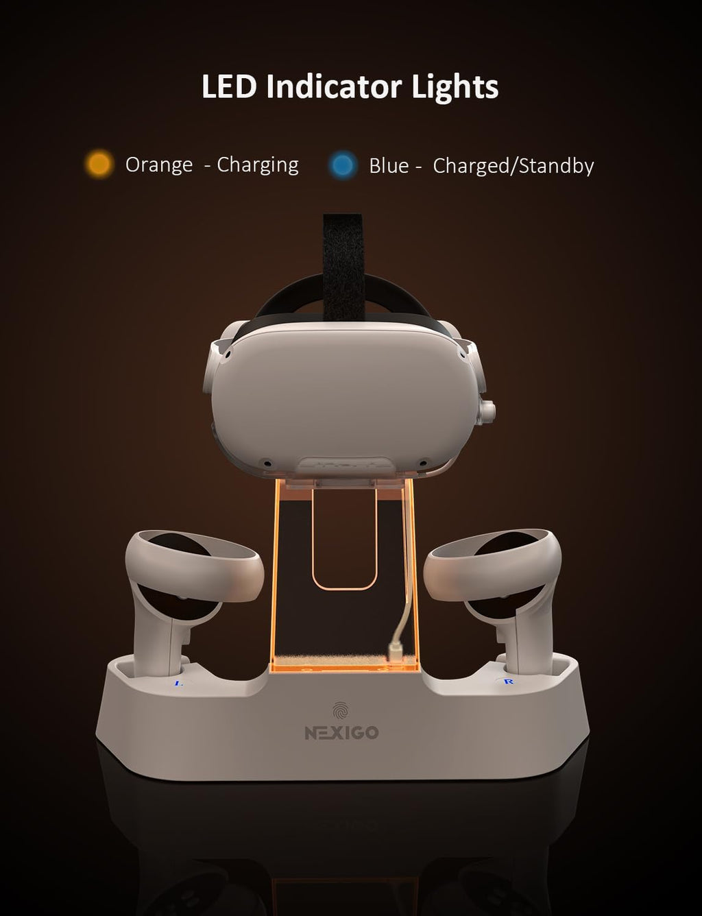 NexiGo Enhanced Charging Dock with LED Light [On/Off] for Oculus Quest 2, [Support Elite Strap with Battery], Headset Display Holder and Controller Mount, 2 Rechargeable Batteries, USB-C Charger