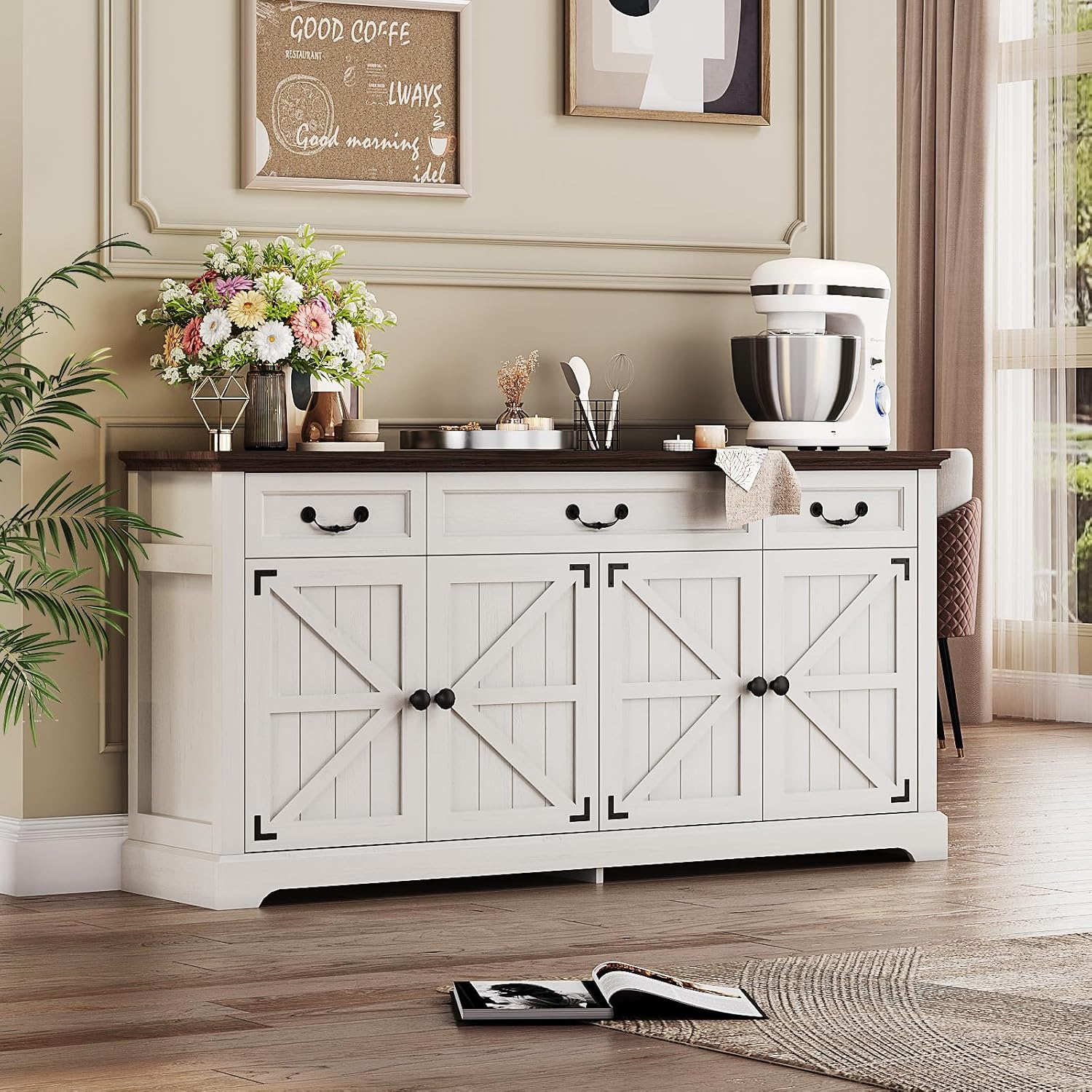 Sunny Heart 65" Large Buffet Storage Cabinet, Farmhouse Kitchen Sideboard Buffet with 3 Drawers and 4 Doors, Coffee Bar Wine Bar Cabinet with Storage for Living Room, White