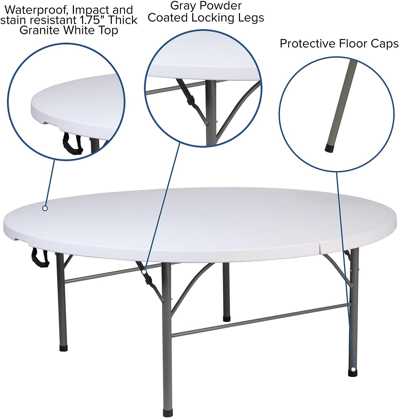 Flash Furniture Kathryn 5.89-Foot Round Bi-Fold Granite White Plastic Banquet and Event Folding Table with Carrying Handle
