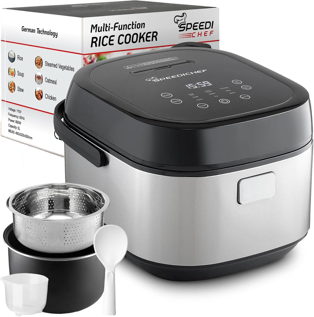10-Cup Rice Cooker with Steamer Basket | Smart Rice Maker with Easy-to-Clean Nonstick Inner Pot | Delay Timer & Keep Warm Settings | Non-Toxic & BPA-Free | Ideal for Family Meals, Stainless Steel