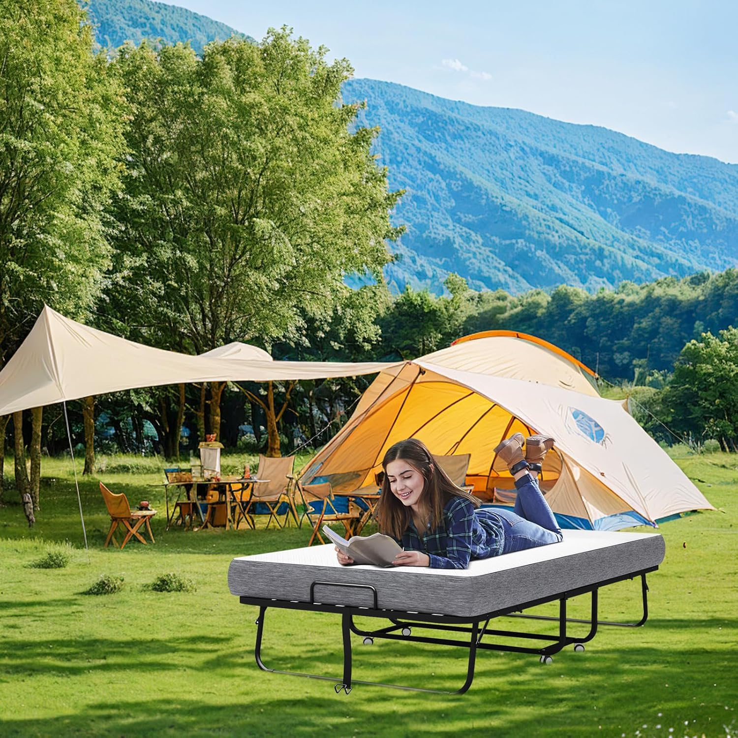 75''x46'' Folding Bed with Mattress for Adults, Large Size Rollaway Folded Bed for Hospital/School/Living Room, Sturdy Frame, Big Space, Comfortable Sleep