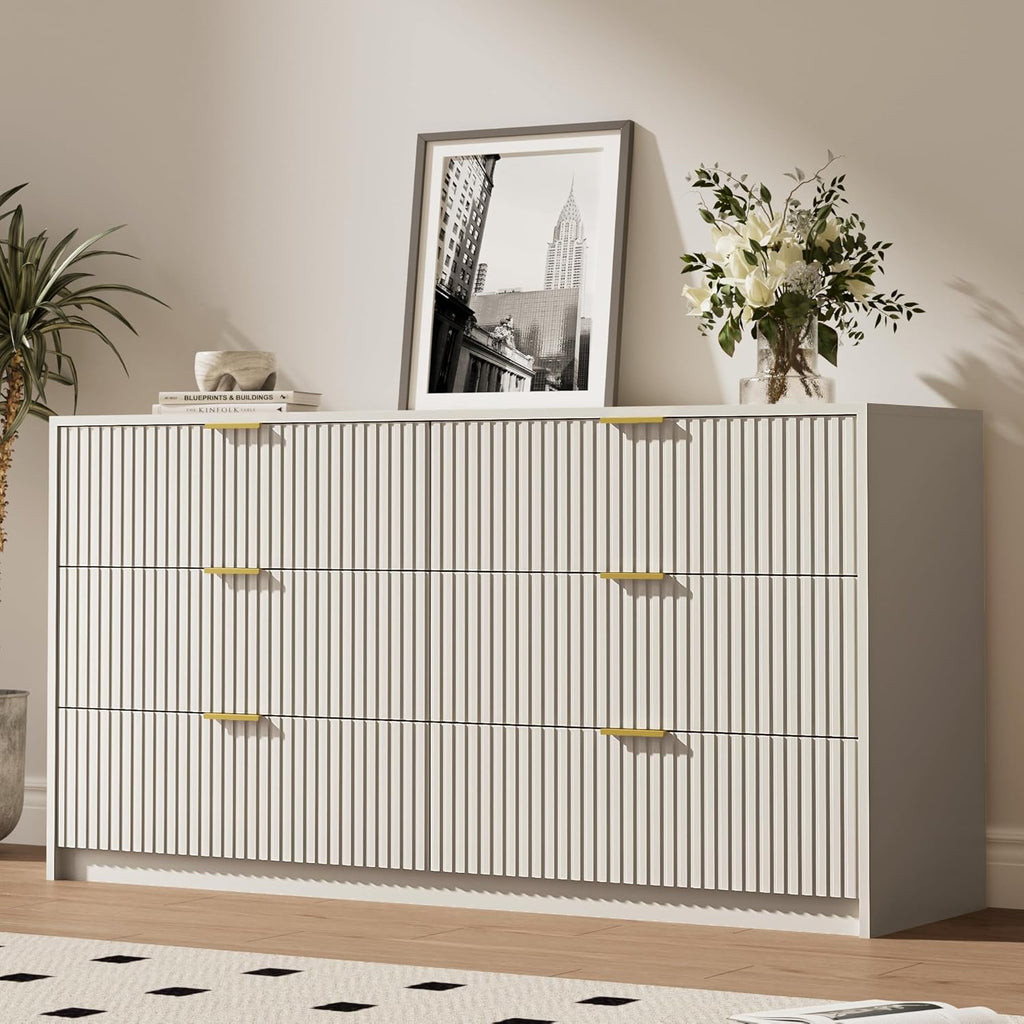 6 Drawer Dresser for Bedroom, 55" Wide Modern Chest of Drawers with Gold Metal Handles, Fluted Wood TV Stand for Living Room, Hallway(Beige)