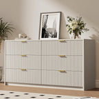 6 Drawer Dresser for Bedroom, 55" Wide Modern Chest of Drawers with Gold Metal Handles, Fluted Wood TV Stand for Living Room, Hallway(Beige)
