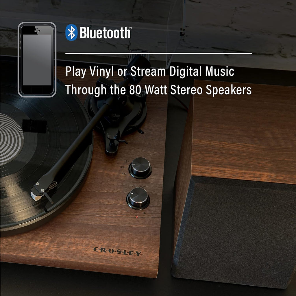 Crosley C62C Turntable HiFi System Record Player with Speakers  Adjustable Tonearm  Moving Magnet Cartridge  Bluetooth Receiver  40W Per Channel  and Anti-Skate  Walnut