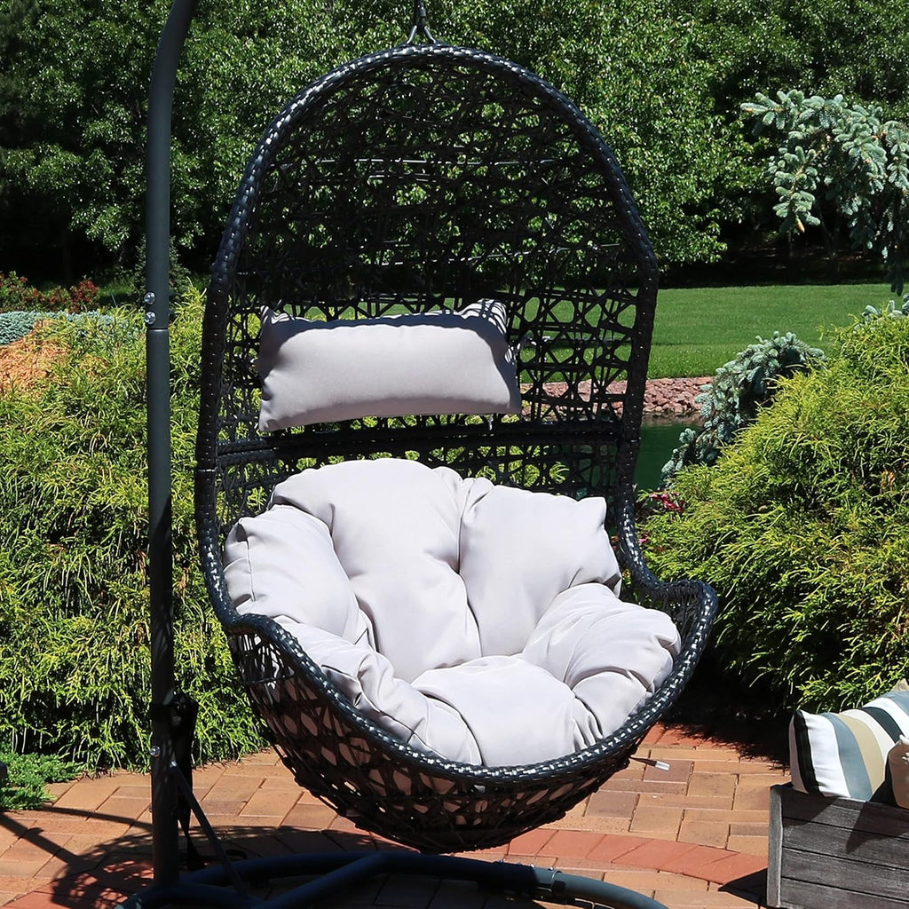 Sunnydaze Cordelia Egg Chair with Cushions -Resin Wicker Hanging Chair with 265-Pound Weight Capacity - Hanging Swing Includes Gray Polyester Cushion and Headrest