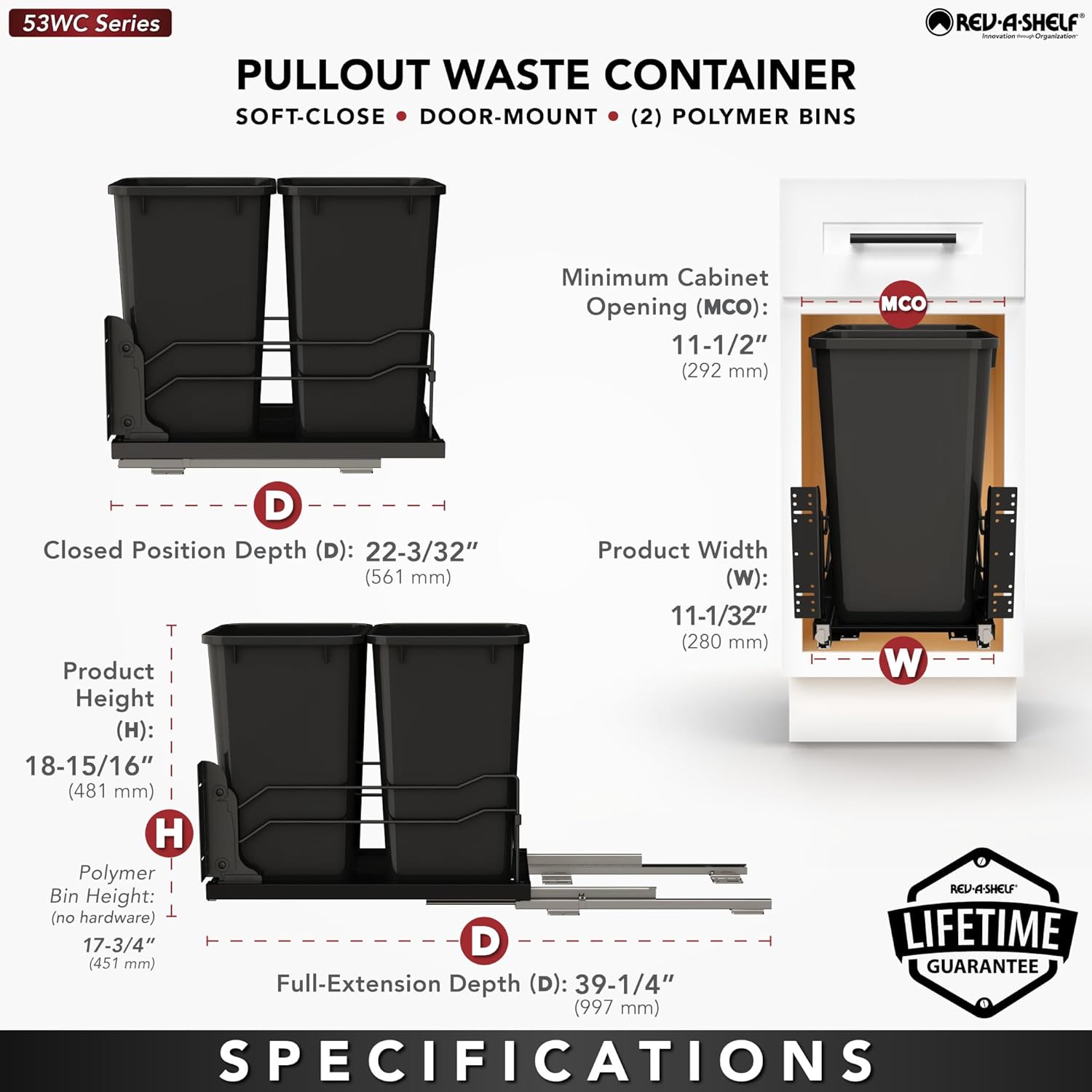 Rev-A-Shelf 27 Qt Double Pullout Under Cabinet Kitchen Trash Cans w/Soft-Close Slides for 15” Base Cabinets, Black, 53WC-1527SCDM-218 - Container Bins for Waste Management