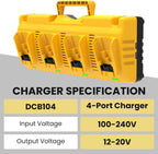 4 Packs 12000mAh Replacement for Dewalt 20V Battery 12.0Ah and DCB104 4-Port Charger Compatible with Dewalt 20V Battery Lithium DCB206 DCB207 DCB204 DCB200 DCB201 DCB203 Series Power Tool(5Pack）