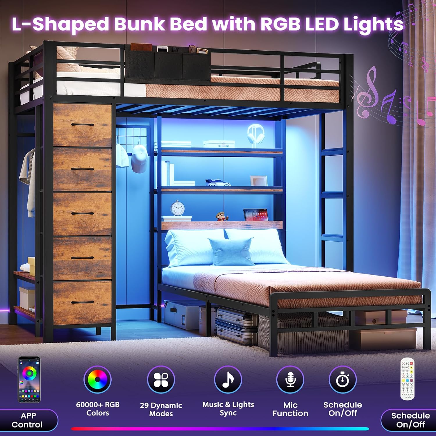 VIAGDO Bunk Bed Twin Over Twin with 5 Storage Drawers, Twin Bunk Beds with Charging Station and Lights, L-Shaped Metal Bunk Bed with Shelves, Bedside Pocket, Guardrail & Ladder for Kids, Teens, Black