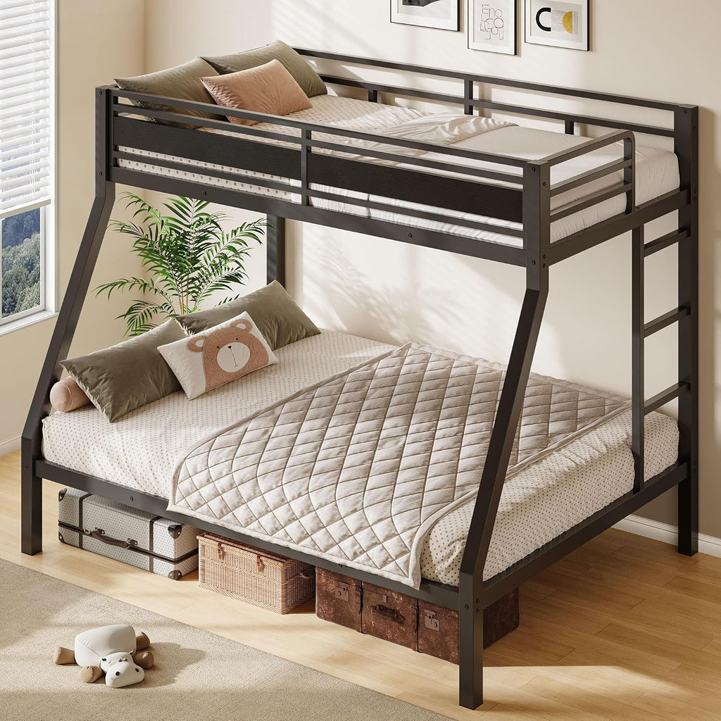 Feonase Bunk Beds Twin Over Full Size, Heavy Duty Metal Bunk Beds with Safety Guardrail & Ladders, Steel Loft Bed Frame for Teens and Adults, Apartment or Dorm, Noise Free & Easy Assembly, Black
