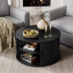 LINSY HOME Round Coffee Table, 31.5" Drum Coffee Table with Sliding Tambour Door, Fluted Accent Center Table with Storage, Mid Century Modern Coffee Table for Living Room (Black)