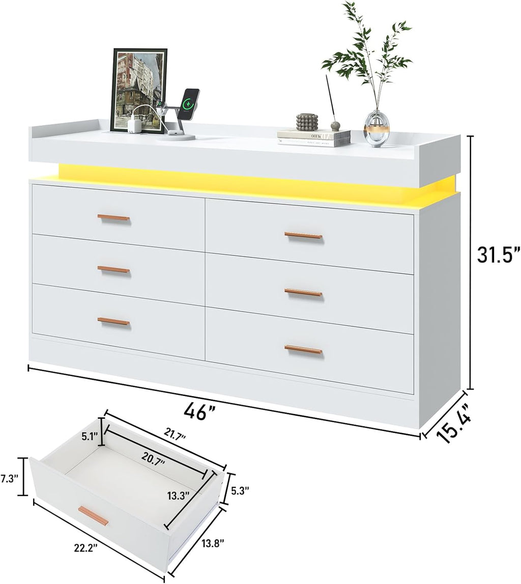 6 Drawer Dresser with Charging Station and LED Lights, Modern Chest of Drawers with Power Outlet, Organizer Cabinet for Bedroom, Living Room, White