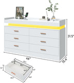 6 Drawer Dresser with Charging Station and LED Lights, Modern Chest of Drawers with Power Outlet, Organizer Cabinet for Bedroom, Living Room, White