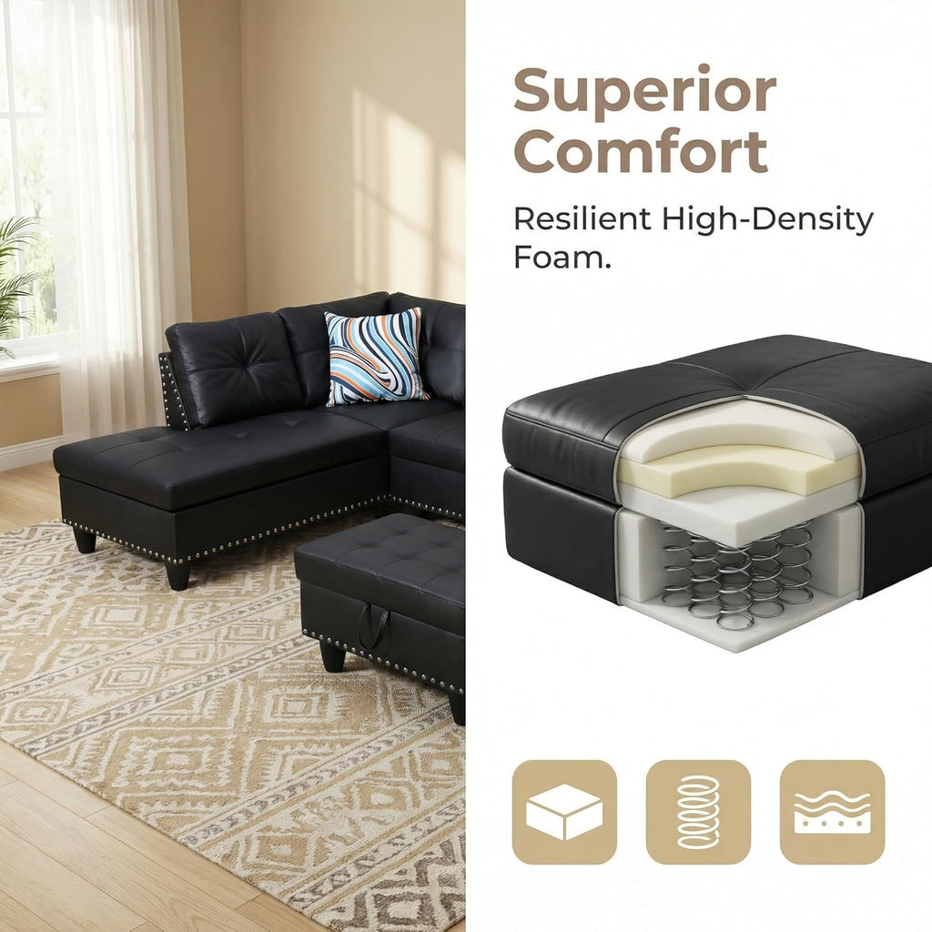 Leather 3-Piece L-Shaped Couches for Living Room, Sectional Sofa with Storage Ottoman & Movable Chaise, Modular Convertible Couch for Bedroom & Apartment, Deep Black