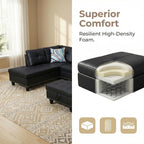 Leather 3-Piece L-Shaped Couches for Living Room, Sectional Sofa with Storage Ottoman & Movable Chaise, Modular Convertible Couch for Bedroom & Apartment, Deep Black
