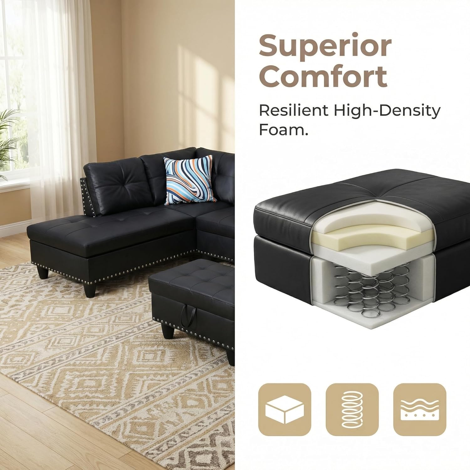 Leather 3-Piece L-Shaped Couches for Living Room, Sectional Sofa with Storage Ottoman & Movable Chaise, Modular Convertible Couch for Bedroom & Apartment, Deep Black