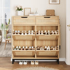 Rattan Shoe Cabinet with Flip Drawers, Narrow Freestanding Shoe Storage Cabinet with Metal Legs for Entryway/Hallway/Foyer (Natural)