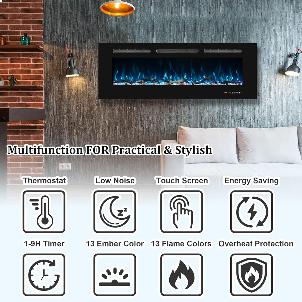 72inch Electric Fireplace in Wall Recessed and Wall Mounted Fireplace Electric, 13 Flame Colors, Realistic Logs & Crystals Fuel Bed, Adjustable Temperature and Timer, 750W/1500W, Black