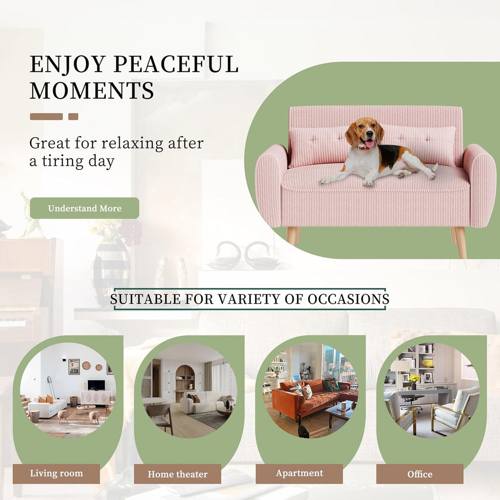 Vongrasig 47" Small Modern Loveseat Sofa, Mid Century Soft Corduroy Fabric 2-Seat Sofa Couch Tufted Love Seat with Back Cushions and Tapered Legs for Living Room, Bedroom and Small Space (Pink)
