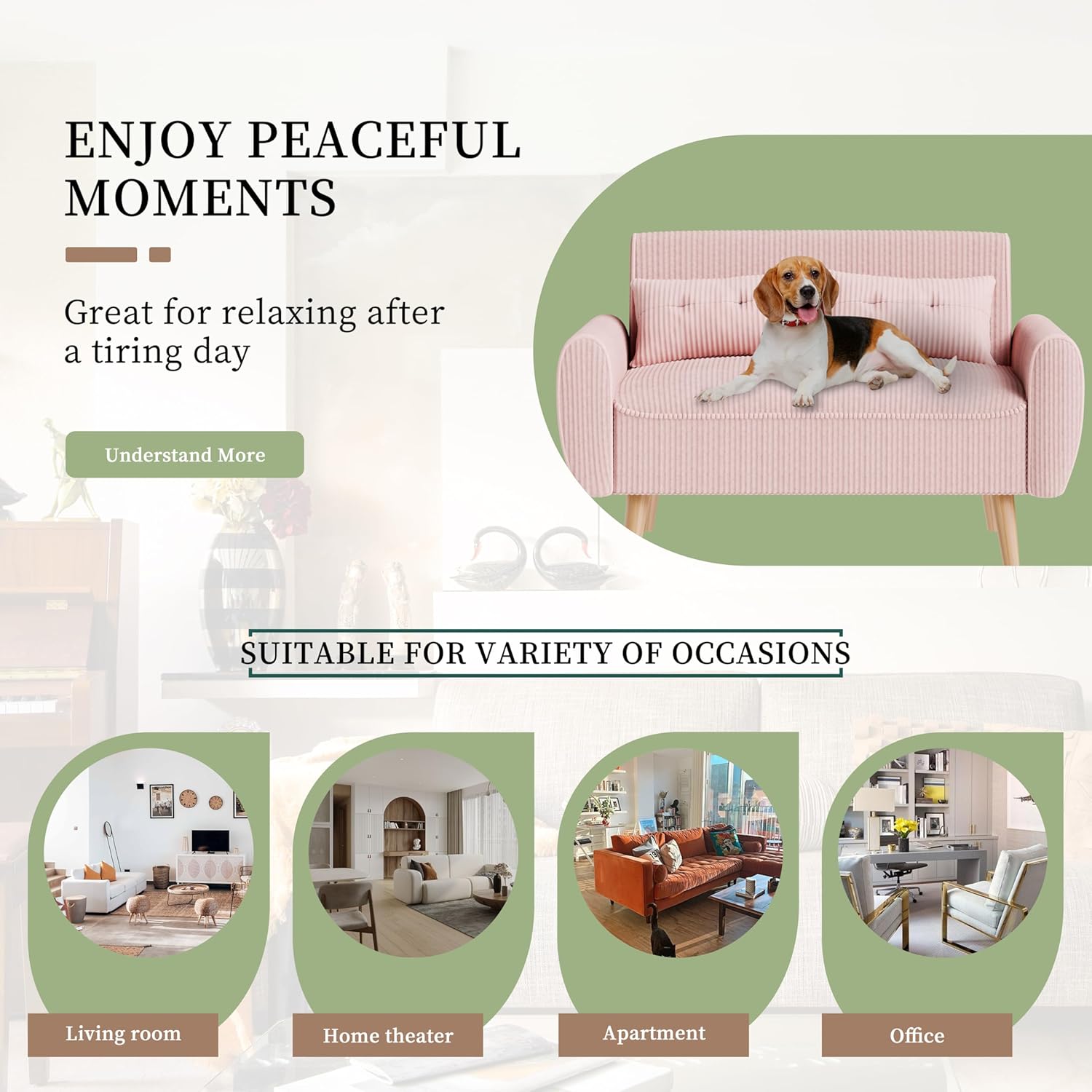 Vongrasig 47" Small Modern Loveseat Sofa, Mid Century Soft Corduroy Fabric 2-Seat Sofa Couch Tufted Love Seat with Back Cushions and Tapered Legs for Living Room, Bedroom and Small Space (Pink)