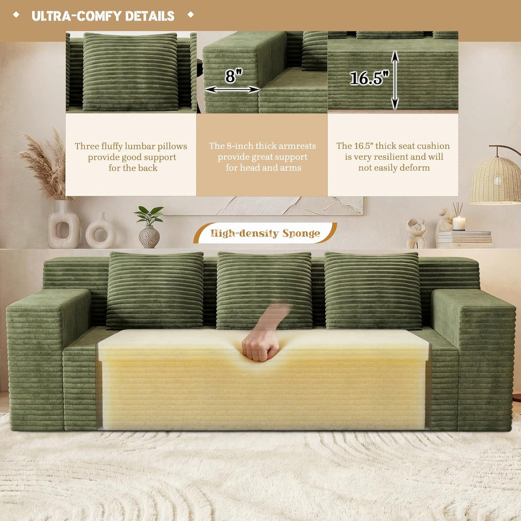 Kurhwyss 71" Corduroy Living Room Sofa, 3 Setaser Deep Seat Couch with 3 Lumbar Pillows, Comfy Boneless Sofa Modern Compressed Couch for Bedroom, Office, Apartment, No Assembly, Flat Armrests (Green)