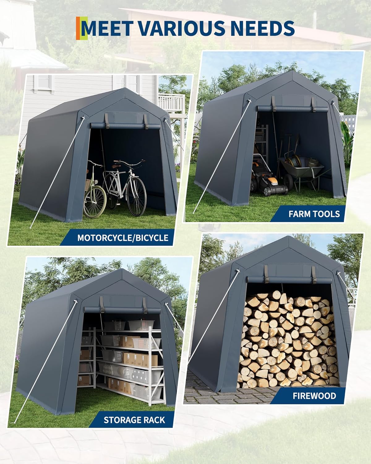 GarveeLife Portable Outdoor Storage Shed with Roll-Up Zipper Door & Vent, 240G Heavy-Duty Shelter Waterproof PE Tarp, UV-Resistant Carport for Motorcycle, Firewood, Tools (Gray, 6'x8')