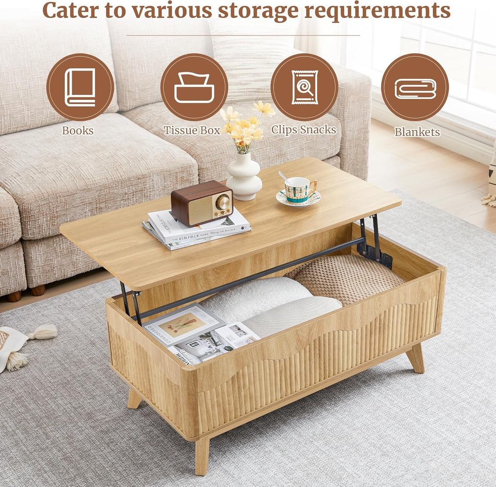 BERRYMERRY Lift Top Coffee Table with Hidden Storage, Farmhouse Fluted Coffee Table with Wave Profile, Rising Top Rectangular Center Table for Living Room (Natural Oak)